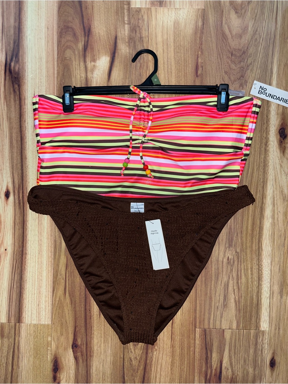 No Boundaries Neon Multi-Stripe Bandeau Top with Brown Bikini Bottom